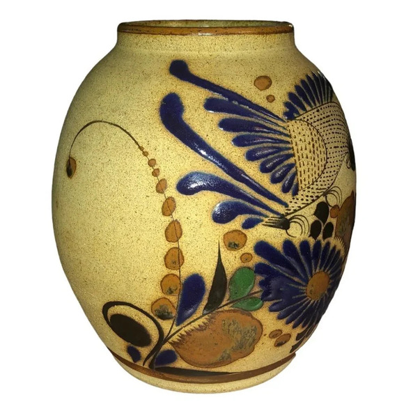 Vintage TONALA 8" Mexico Folk Art Sandstone Pottery Floral Bird Flowers Vase - Picture 6 of 8